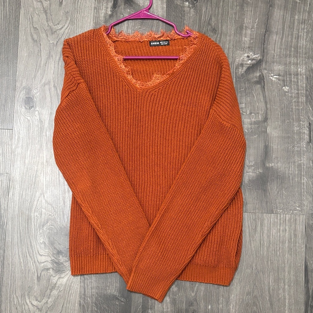 SHEIN Rust Knit Top with Lace Detail
